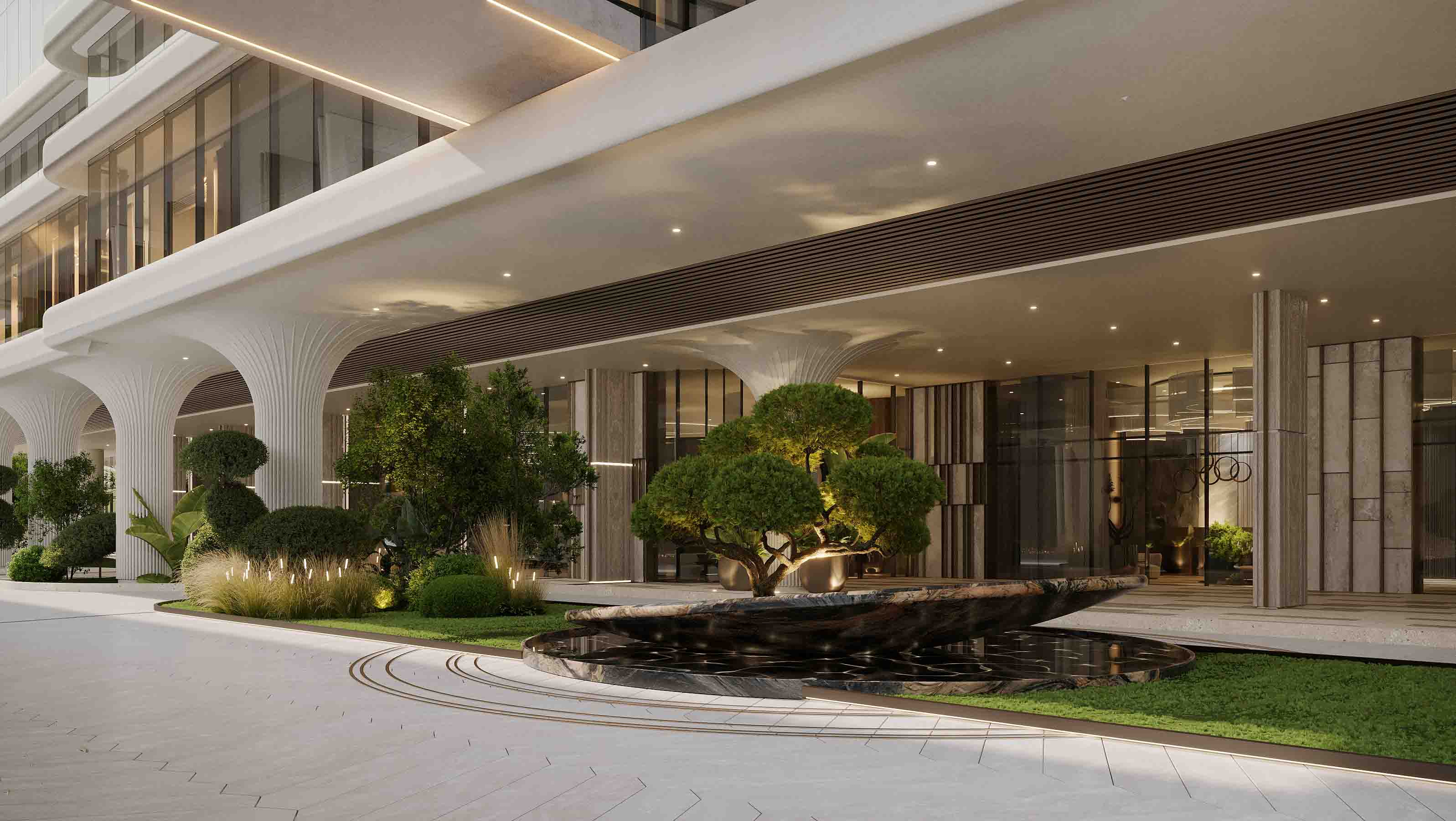 Cozy balcony lounge with sofa, armchairs and greenery overlooking the water.