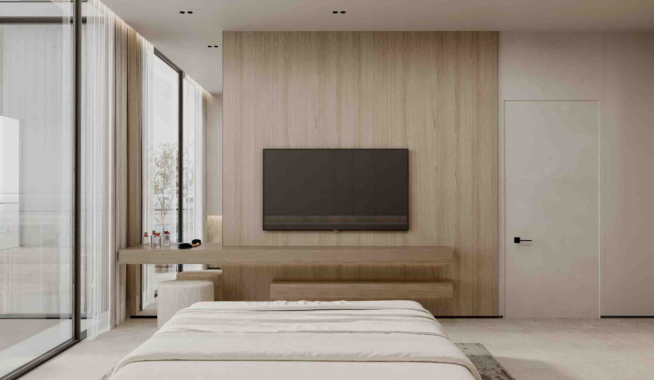 Minimalist bedroom with wood feature wall, wall-mounted TV and full-height windows.