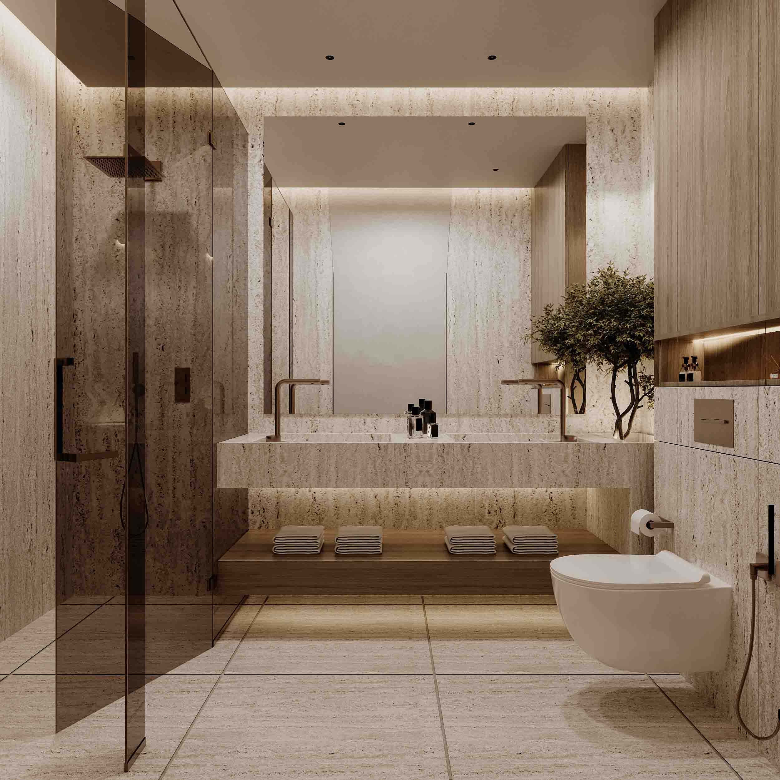 Spa-style bathroom in warm stone with double vanity, walk-in shower and indirect lighting.