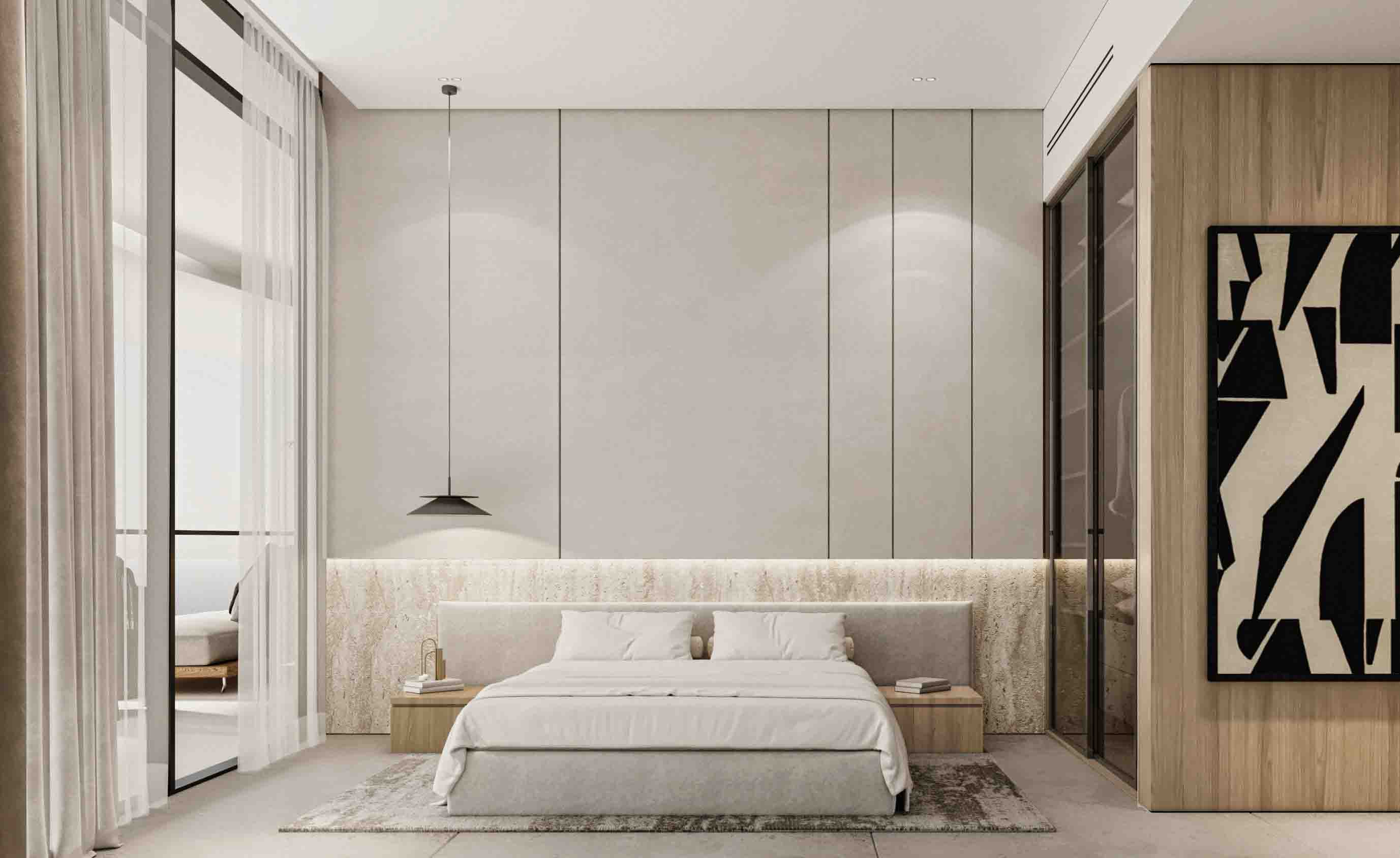 Serene master bedroom with soft neutral palette, stone headboard detail and balcony sea view.