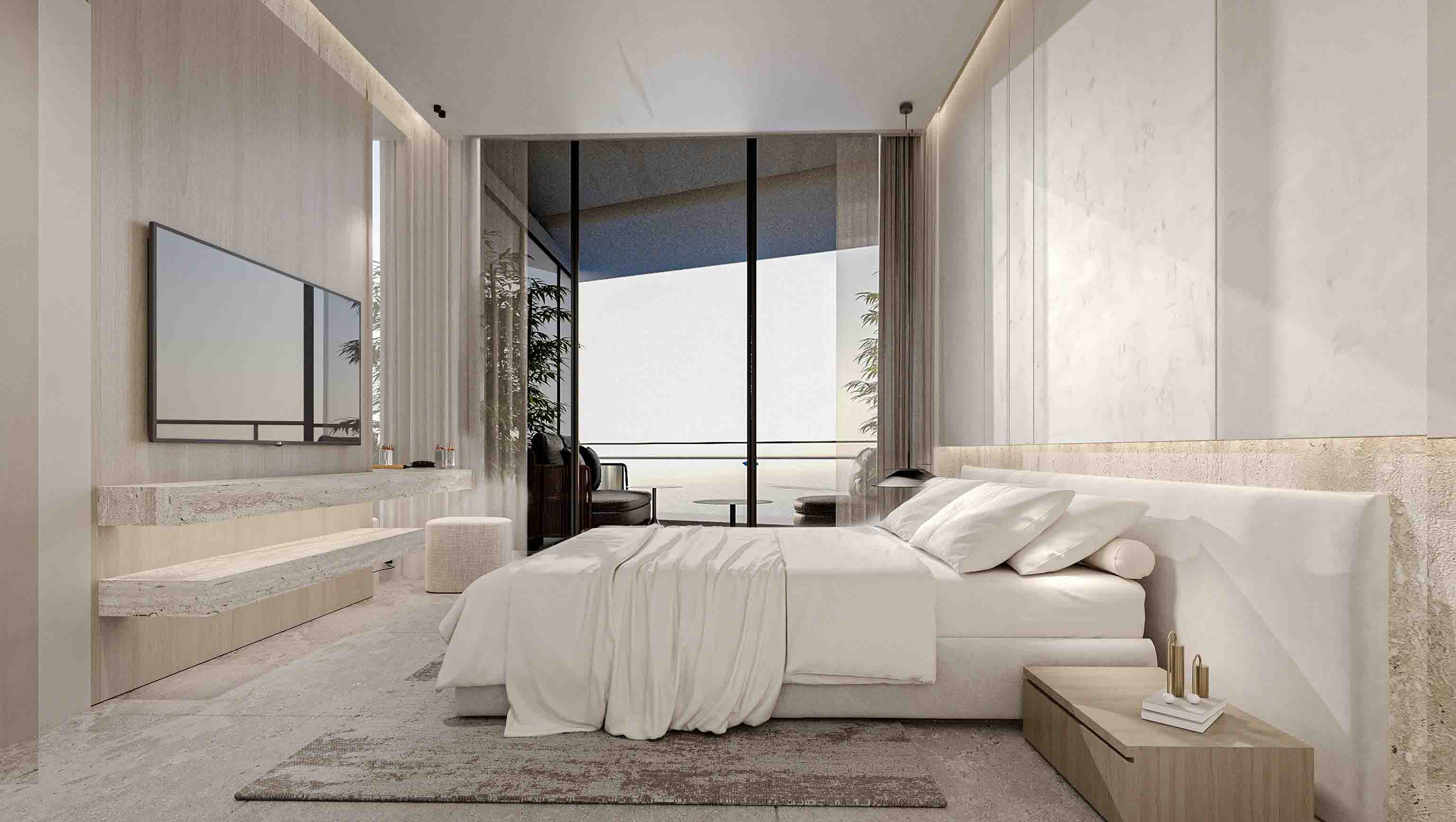 Elegant bedroom with light wood finishes, full-height glazing and a generous upholstered bed.