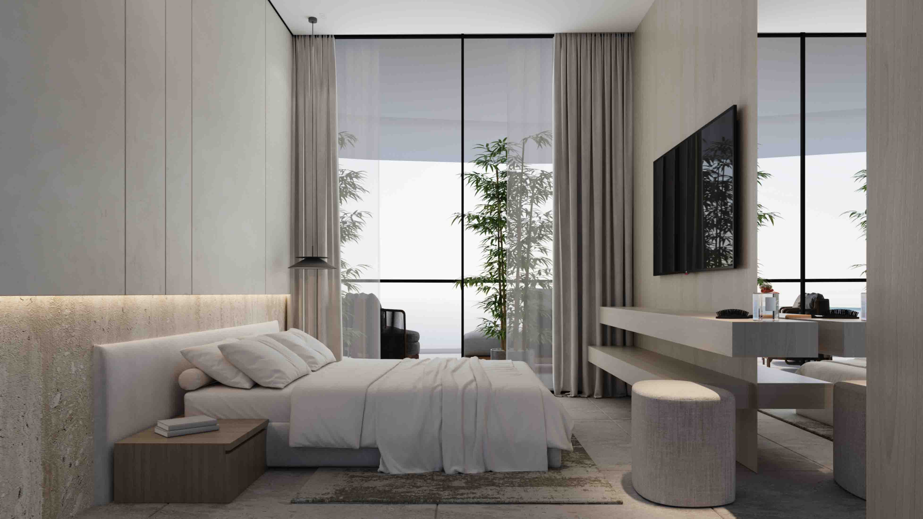 Refined bedroom featuring a floating console, dressing area and terrace framed by tall curtains.