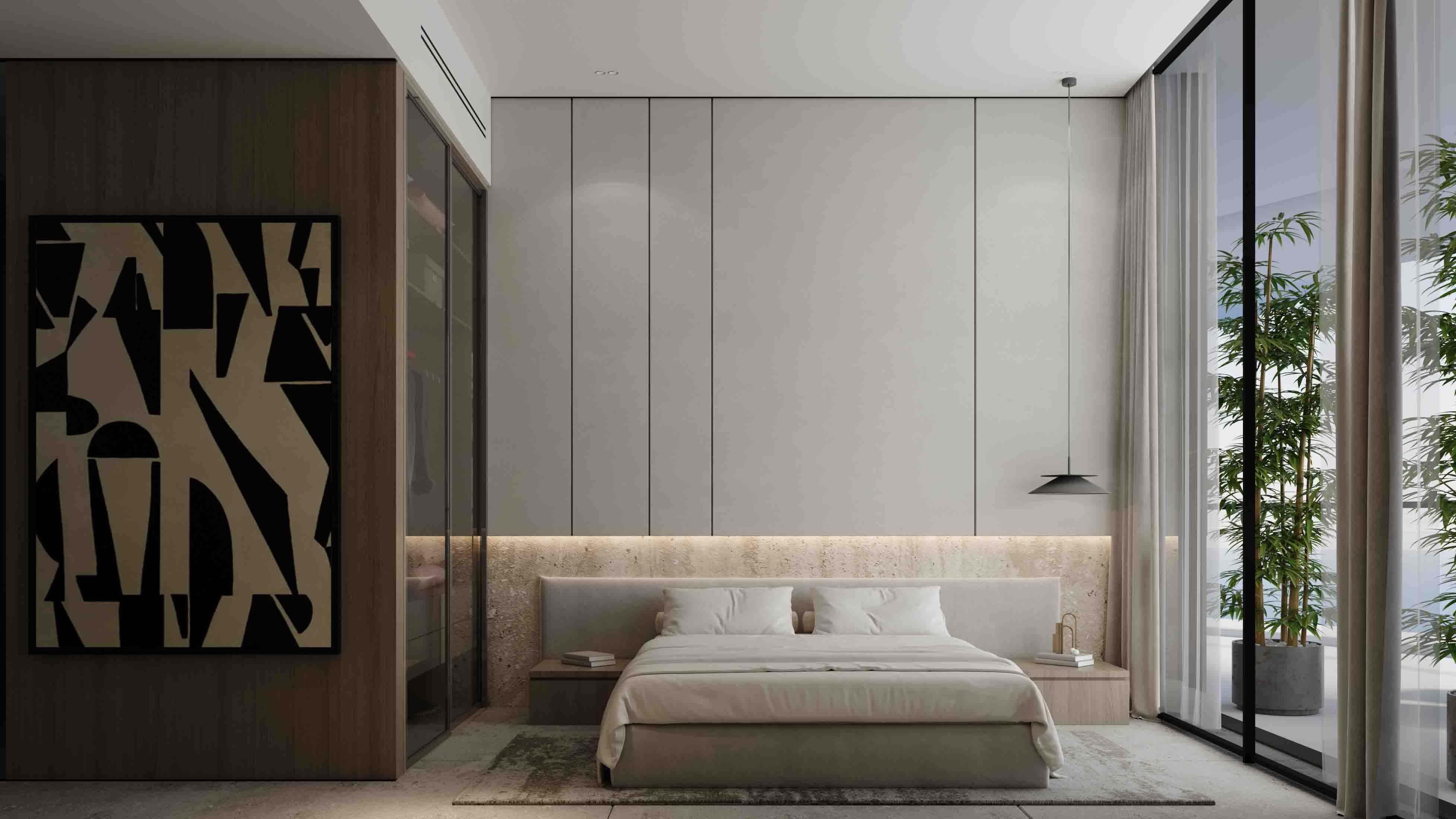 Designer bedroom with abstract artwork, soft lighting and full-height glass opening to lush terrace greenery.