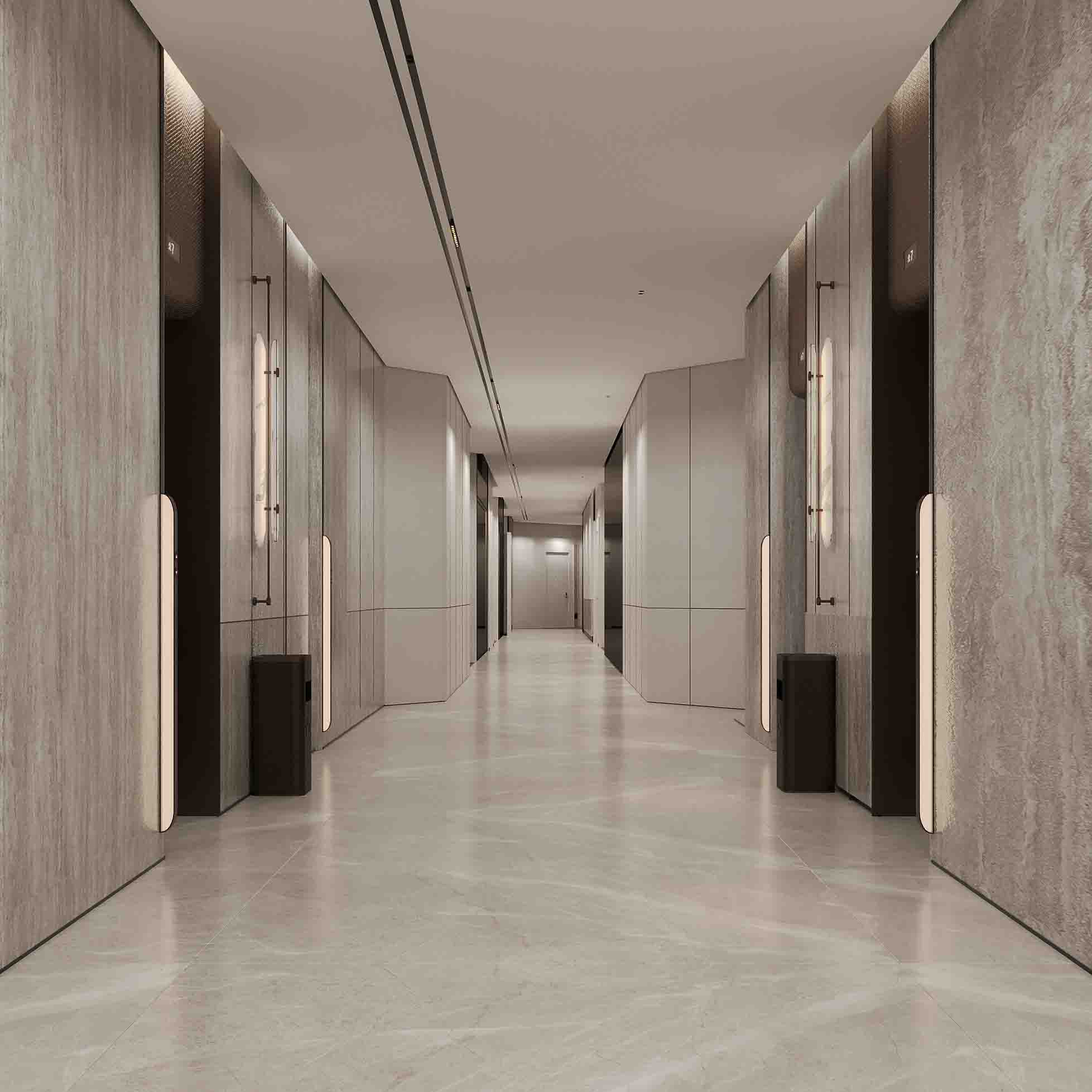 Sophisticated corridor with marble floors, sleek wall panels and soft integrated lighting.