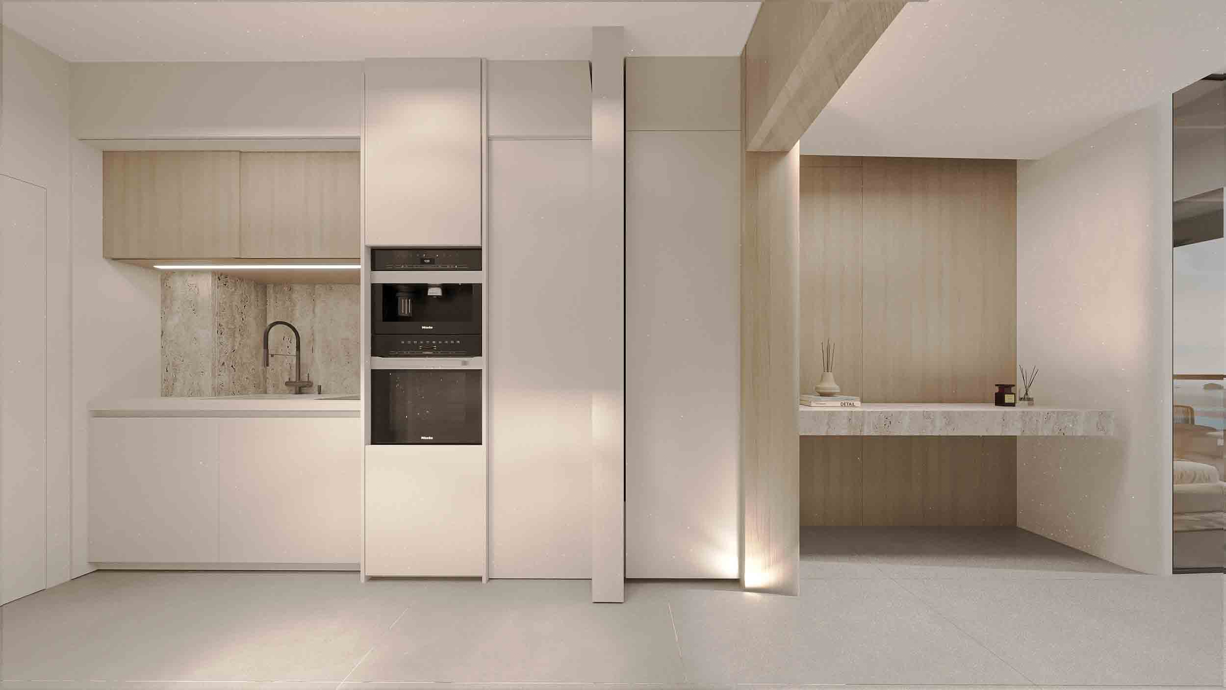 Minimalist open kitchen with integrated appliances, stone finishes and warm wood accents.