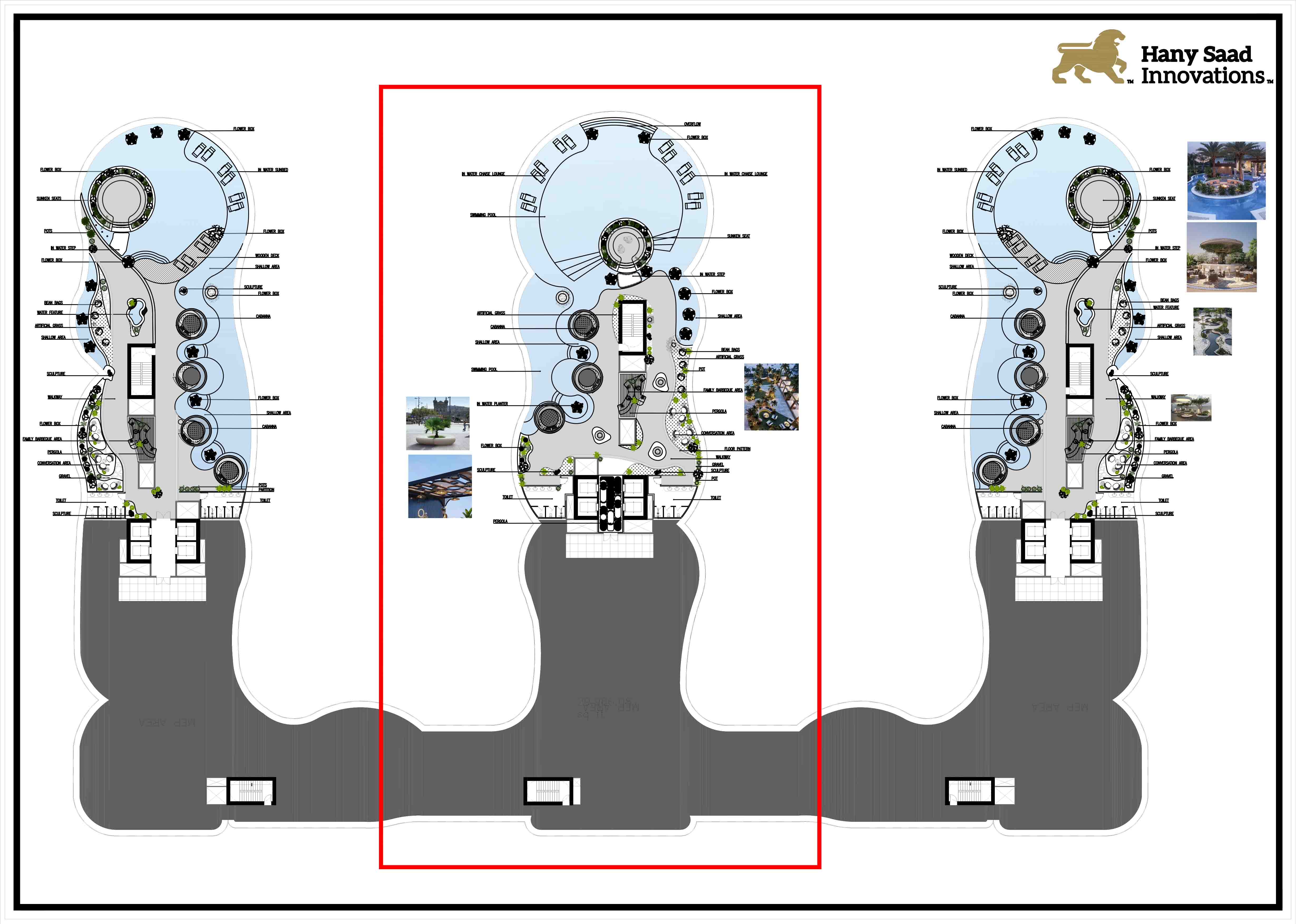 Roof garden masterplan focusing on the central tower with expansive pool, cabanas and greenery.