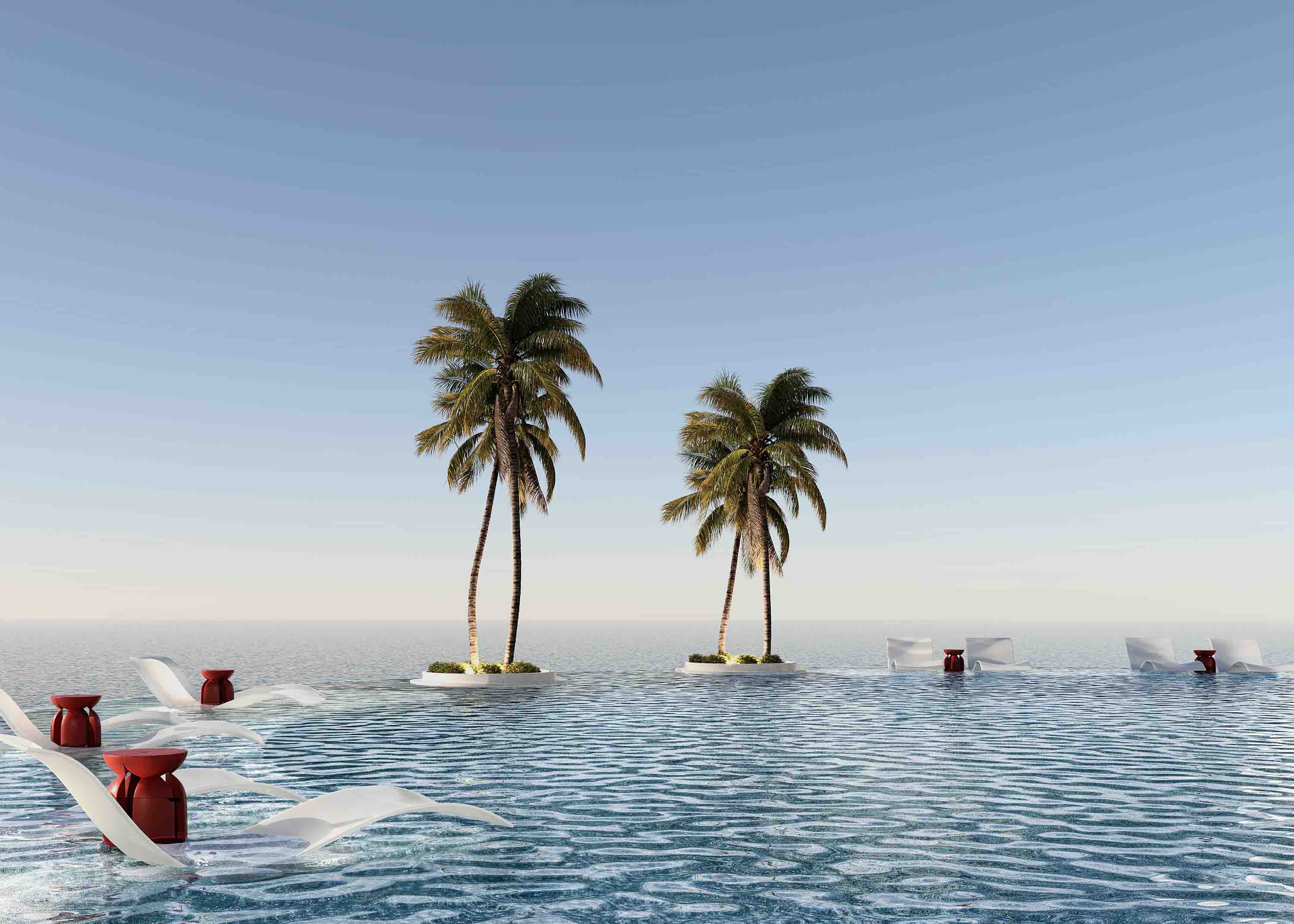 Serene infinity pool with white in-water loungers and twin palm islands floating above the sea horizon.
