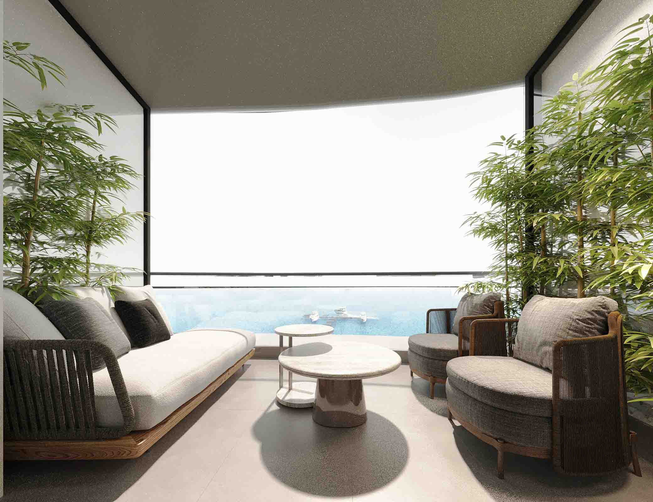 Sculptural arrival walkway framed by cascading water walls and lush landscaping.