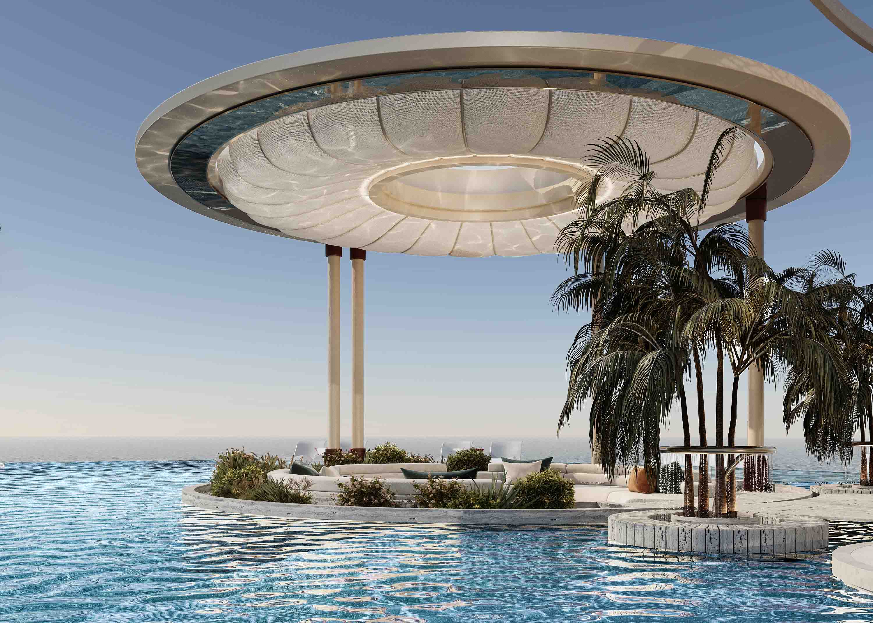 Iconic circular canopy pavilion rising above the infinity pool with lush landscaping and ocean backdrop.