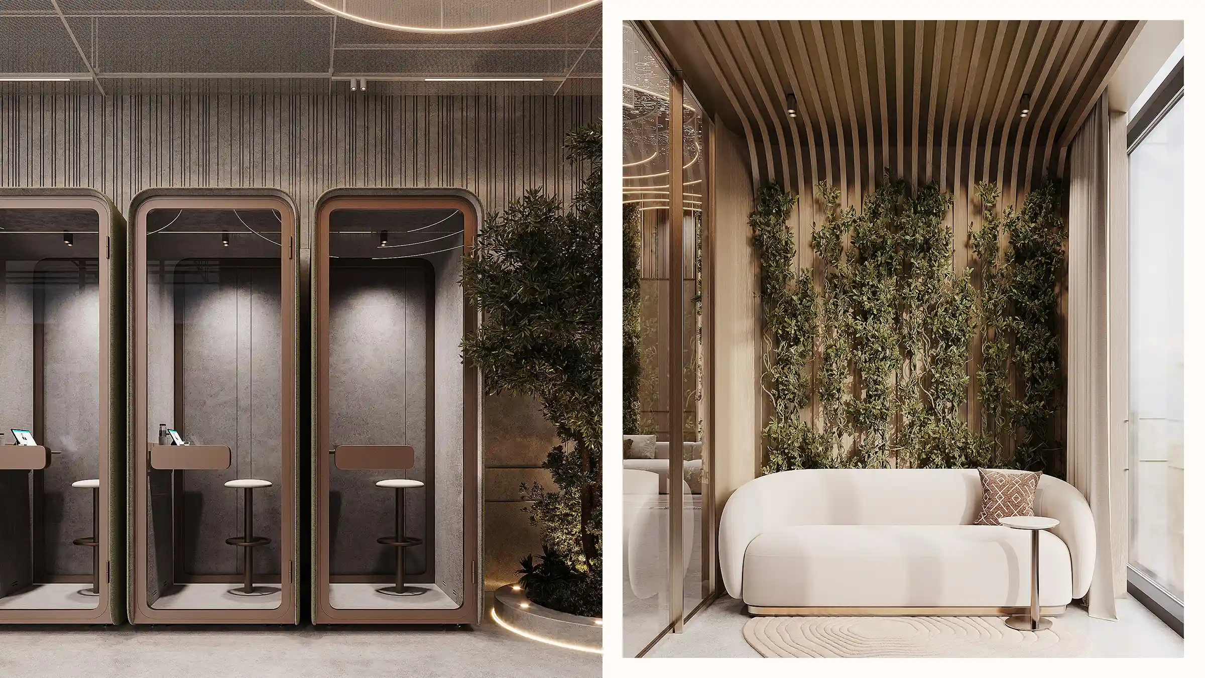A pair of focused work pods and a peaceful lounge nook enhanced with vertical greenery and soft natural light.