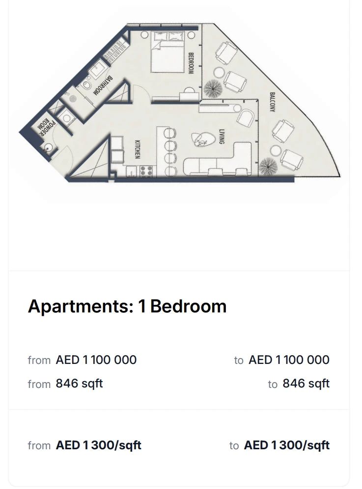 1 Bedroom layout – From AED 1,100,000 – 846 sqft – AED 1,300/sqft