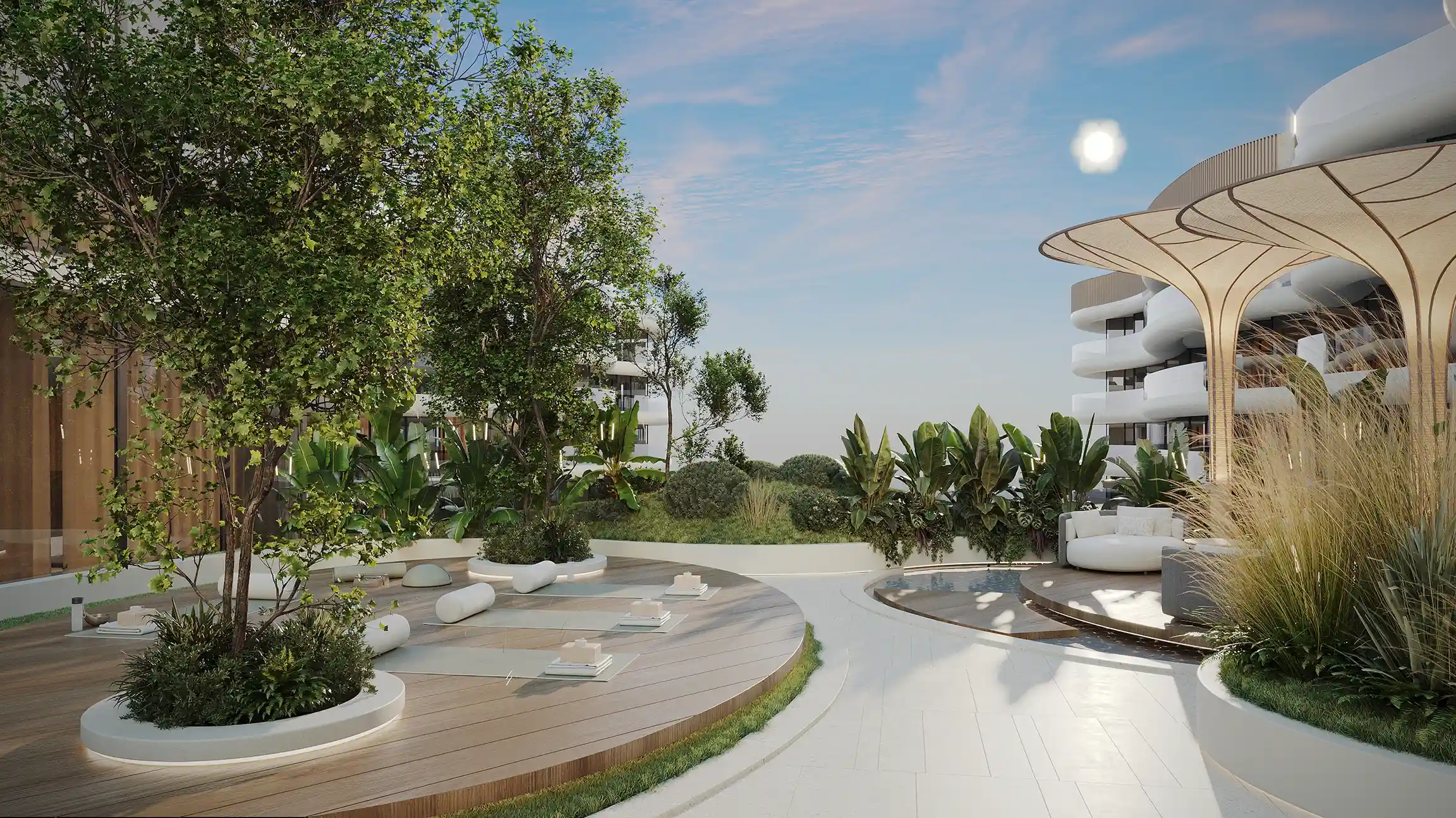 A peaceful outdoor wellness deck surrounded by lush greenery and soft organic architecture designed for relaxation.