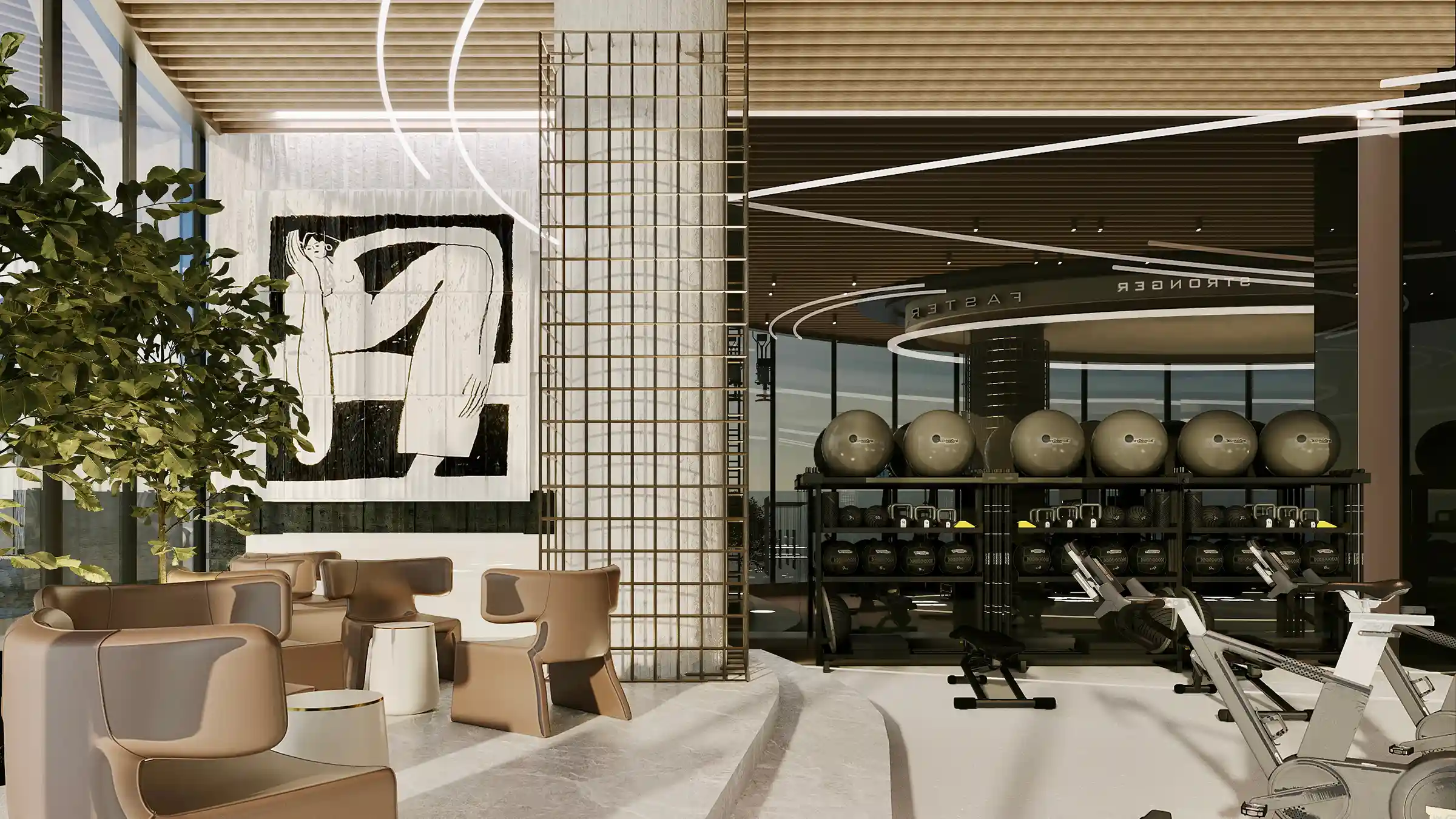 A modern fitness lounge blending art, soft seating, and high-end training equipment in a warm, elegant setting.