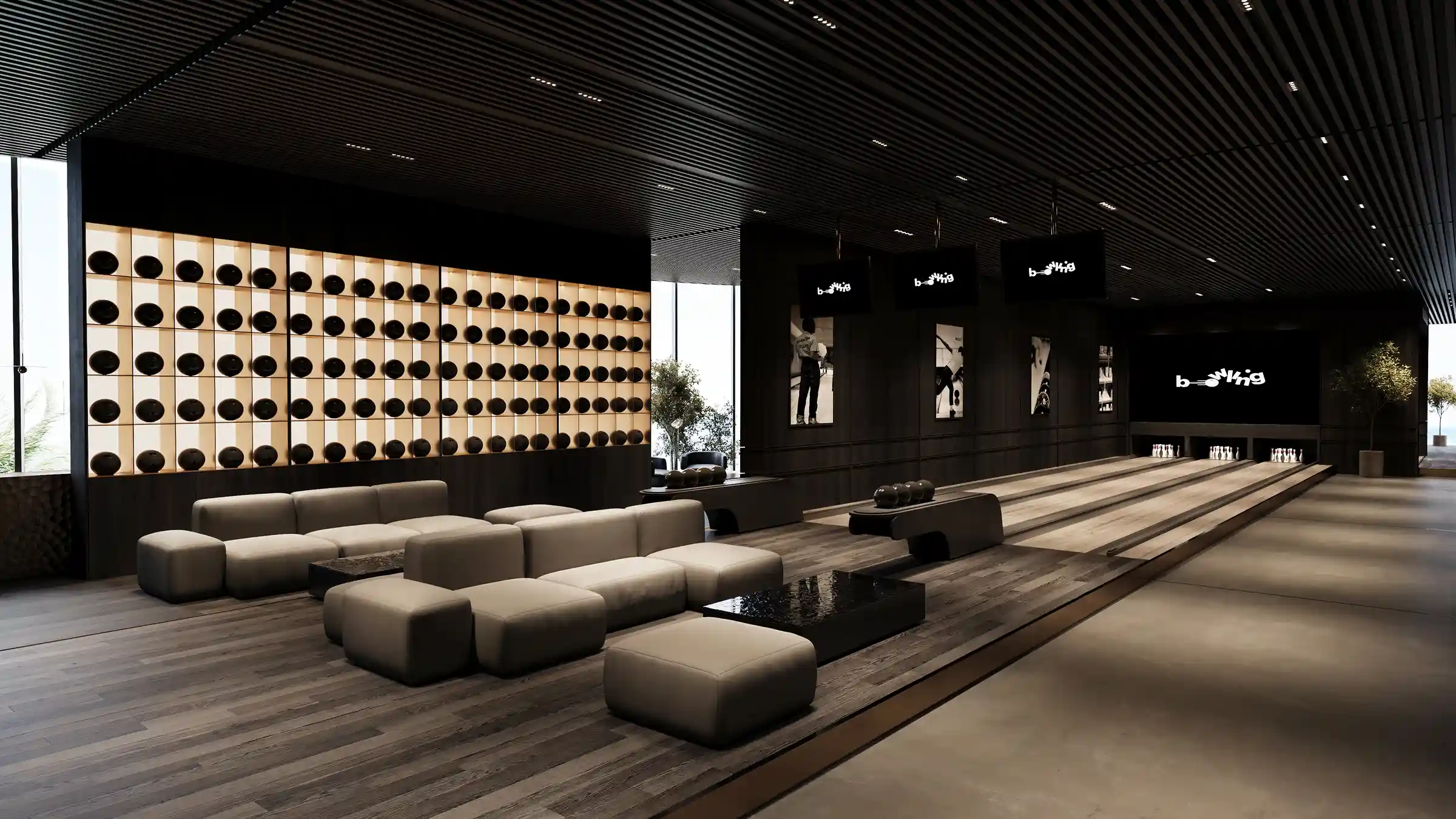 A sophisticated private bowling lounge with ambient lighting, plush seating, and a refined modern aesthetic.
