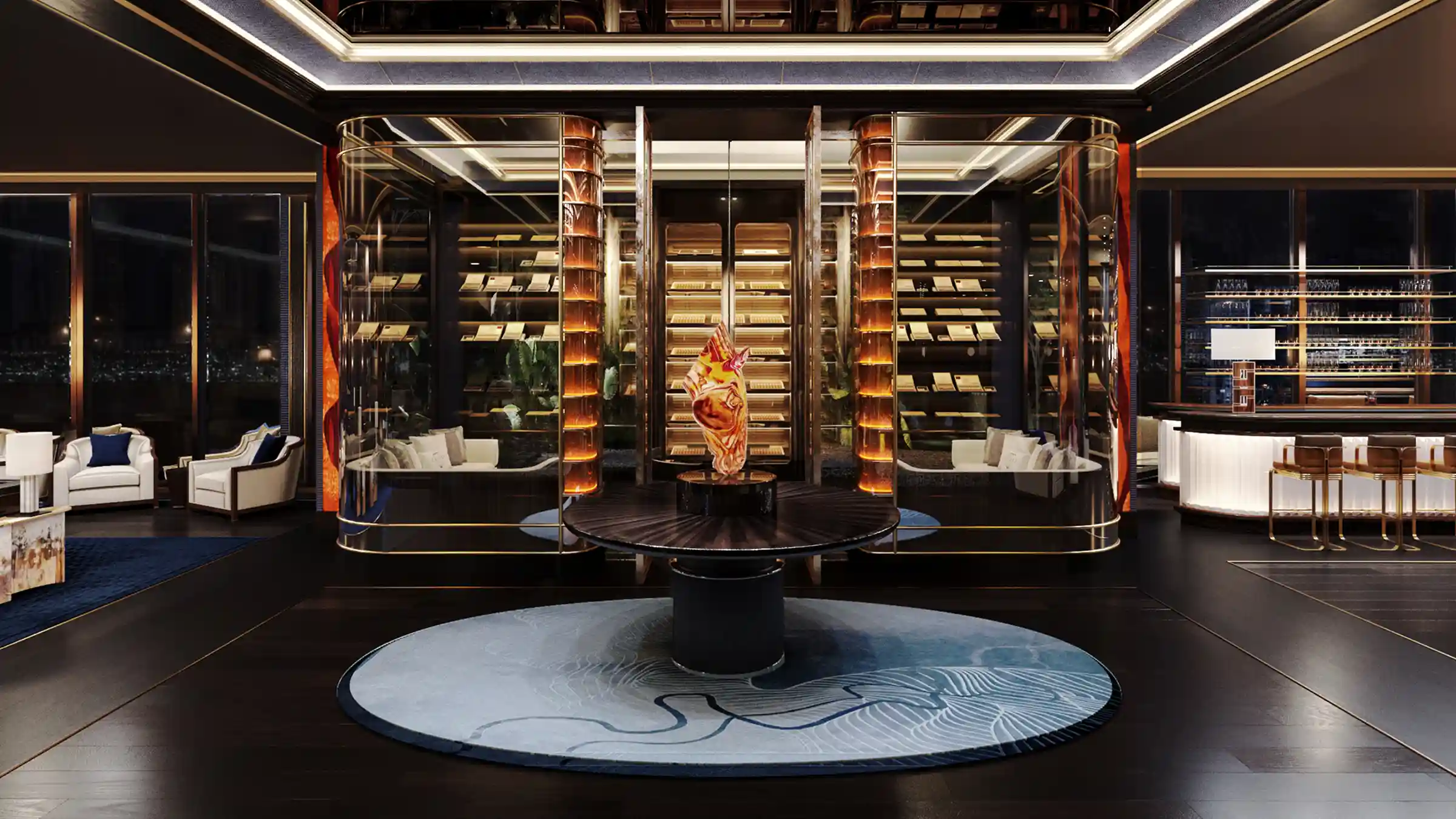 A sophisticated cigar lounge with illuminated display cabinets, luxury seating, and an elegant ambiance.
