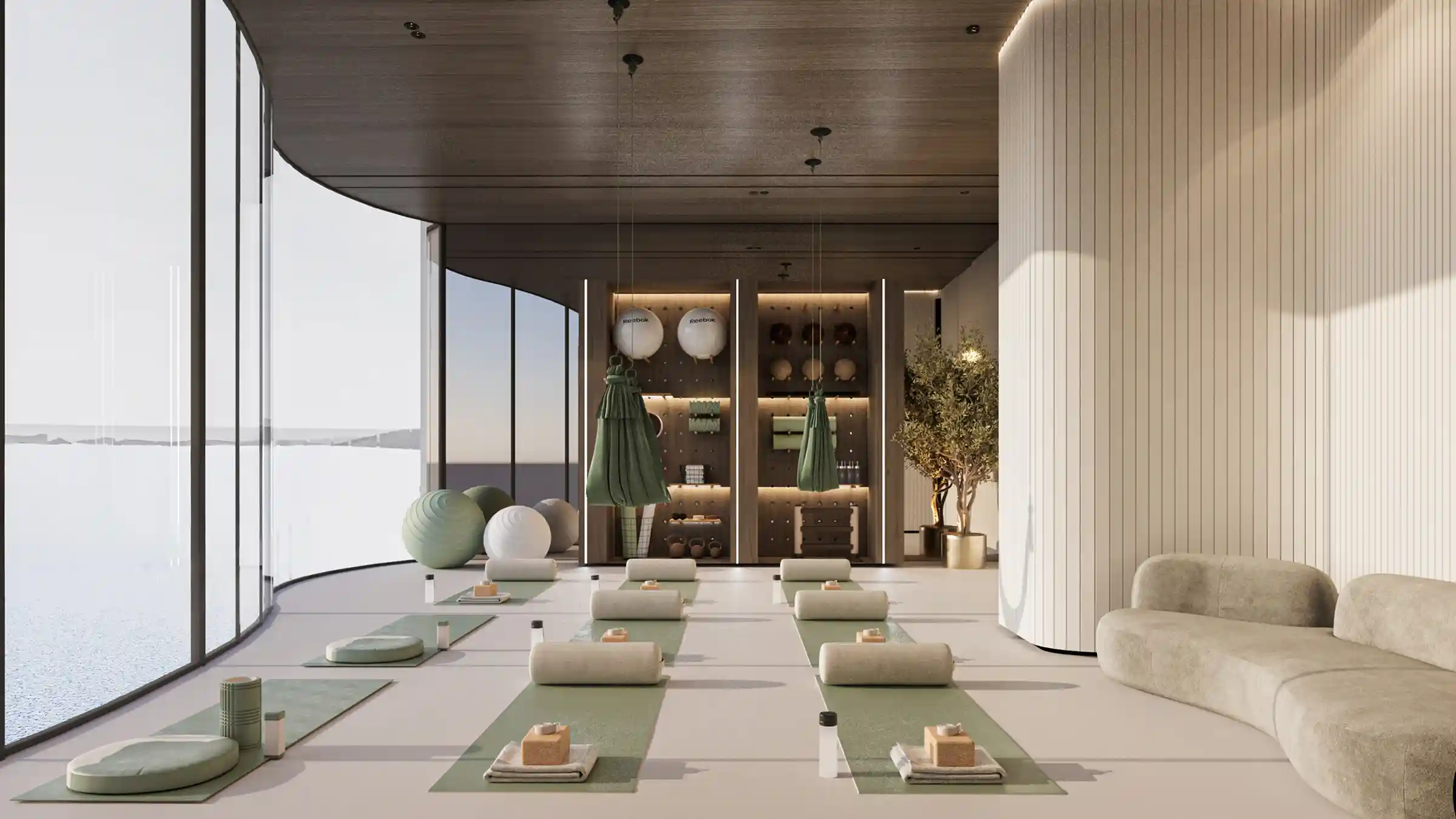 A serene yoga and meditation studio with panoramic sea views, soft natural light, and calming neutral tones.