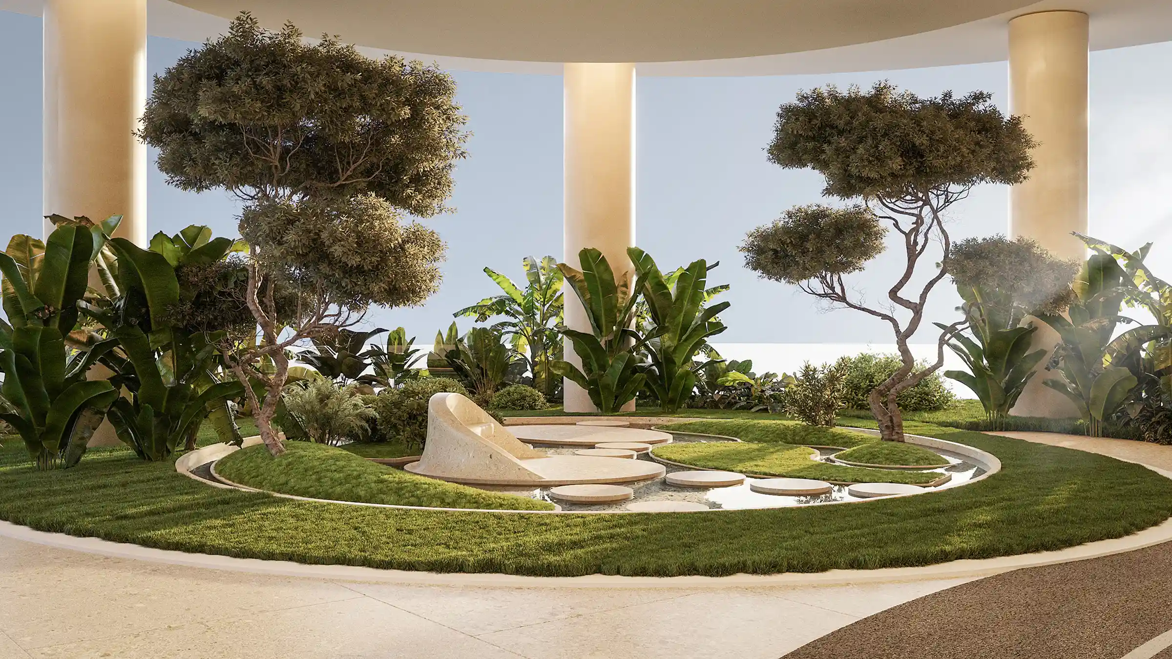 A tranquil zen garden featuring sculpted trees, water elements, and soothing natural landscaping.